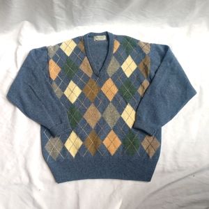 James Dalgliesh Vintage New Wool Argyle V Neck Sweater Made in England